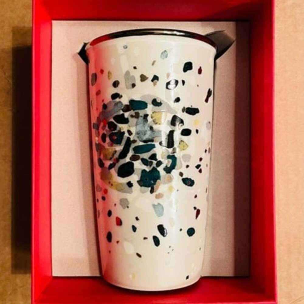 NEW Starbucks Red Dot Collection Speck Ceramic Travel Mug Tumbler Holiday 2014